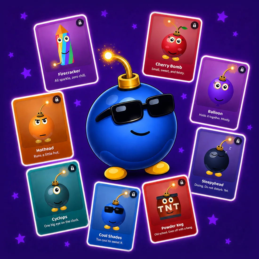The full collection of twelve bomb characters